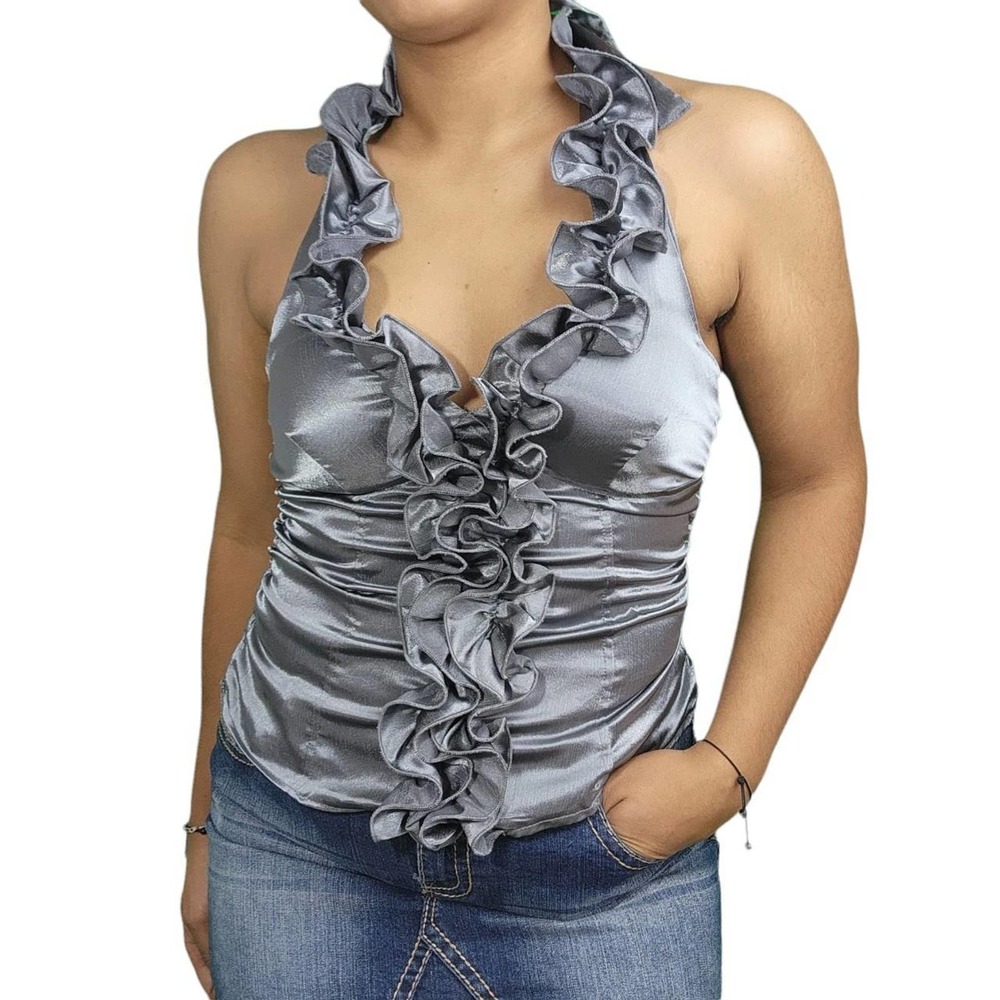 Metallic Charcoal Grey Ruffled Halter Top by MYTH nyc